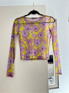 Zara Yellow & Lavender Floral Sheer Long-Sleeve Crop Top